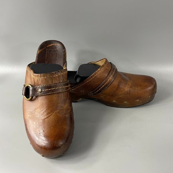 Frye Shoes - Frye Clara O Ring Wooden Clogs Distressed Leather Cognac, Women's Size 8.5M